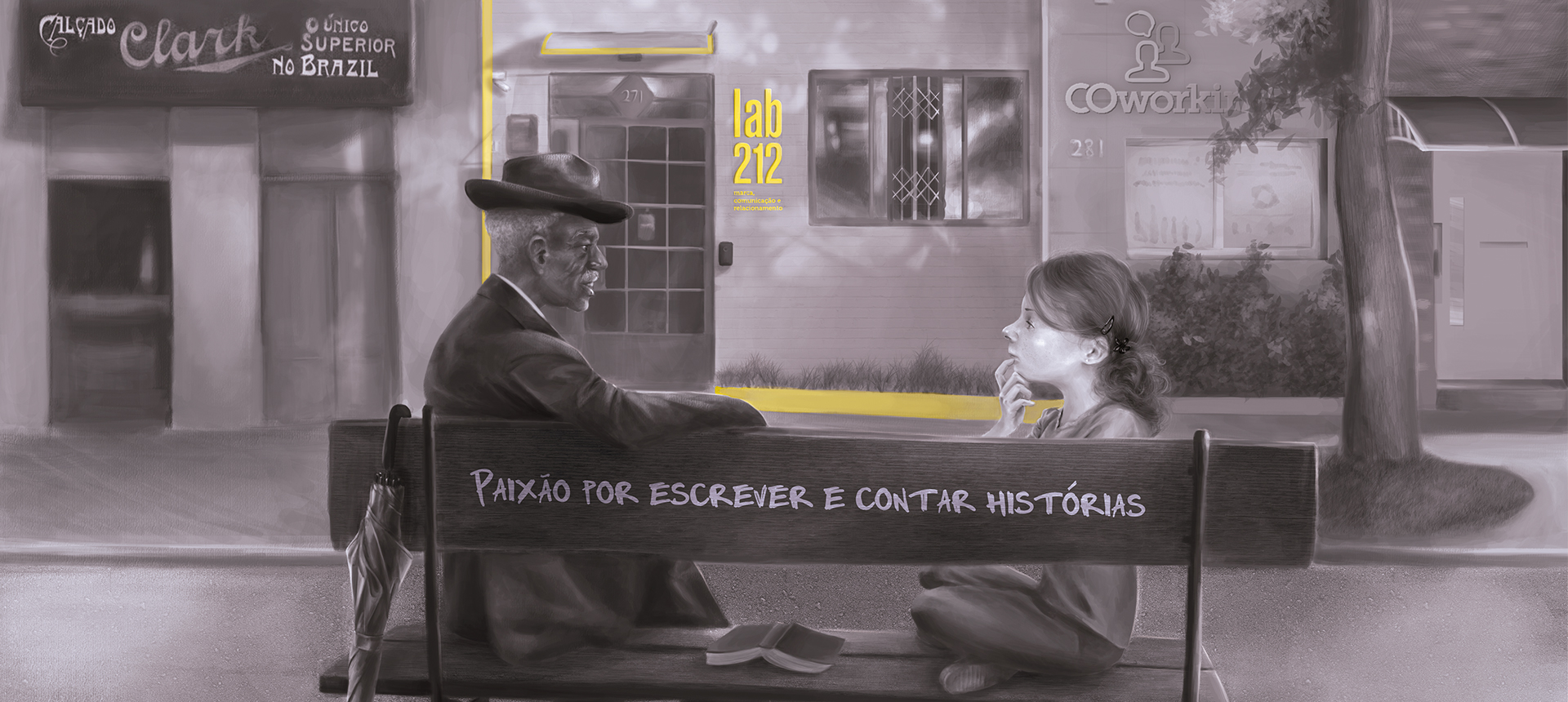 Desenho preto e branco de um senhor e uma garota sentados em um banco com a frase "Paixão por escrever e contar histórias", conversando. No fundo, há alguns comércios, dentre eles uma pequena casa com a logo "lab212" em amarelo