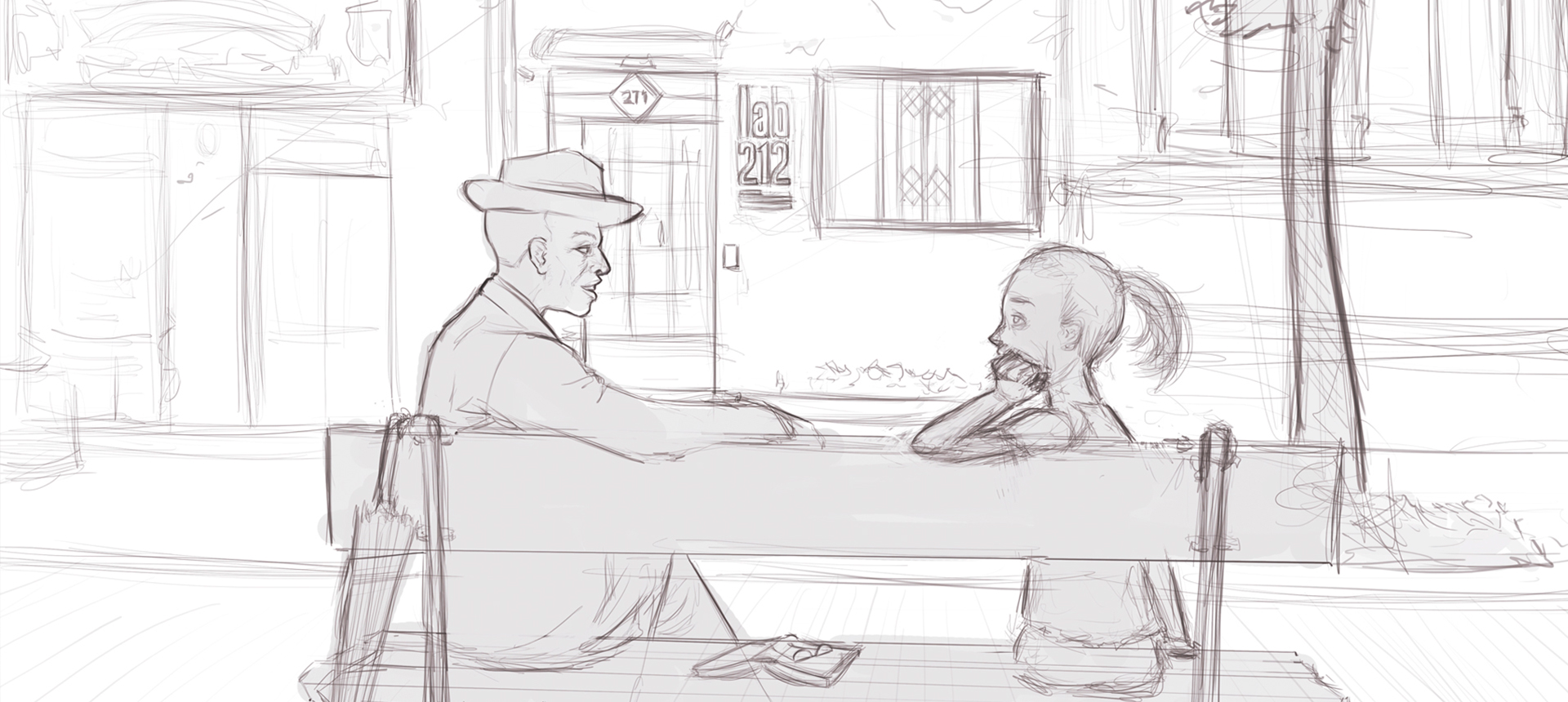 Esboço de um senhor e uma garota sentados em um banco conversando. No fundo, há alguns comércios, dentre eles uma pequena casa com a logo "lab212"