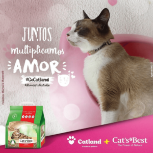 Anúncio da Cat's Best e Catland com um gato de olhos fechados e a frase "Juntos multiplicamos amor"