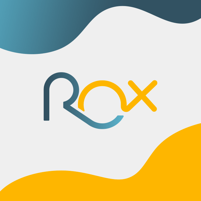 Logo da Rox Partner (ROX com a letra R azul acinzentado e as letras O e X amarelas)
