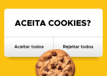 Banner amarelo com um pop-up escrito "Aceita cookies? Aceitar ou Rejeitar" e um biscoito logo abaixo