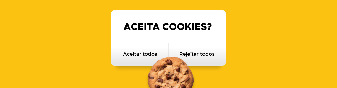 Banner amarelo com um pop-up escrito "Aceita cookies? Aceitar ou Rejeitar" e um biscoito logo abaixo